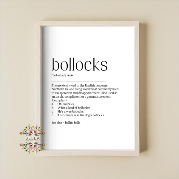 Funny Irish Bollocks Definition Print, Northern Ireland Slang, Cheeky Adult Print, Giftable