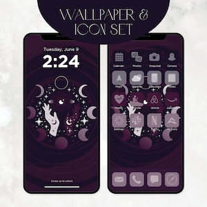 May include: A dark purple phone wallpaper with a design of two hands reaching up towards a crescent moon and stars. The phone home screen has a matching design with icons for apps like Calendar, Photos, Snapchat, Camera, Maps, Weather, Calculator, Notes, Health, Ride, Airbnb, Amazon, Settings, Slack, Netflix, and Apple Music.