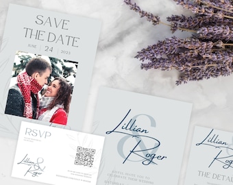 May include: Save the date wedding invitation featuring a photograph of a couple dressed for winter. The invitation is light blue with dark blue text and a QR code. The text reads "Save the Date" with the date "June 24, 2023". The invitation also includes the names "Lillian & Roger" in a cursive font.