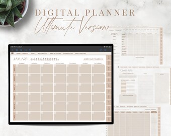 May include: A digital planner app on a tablet screen with a calendar view for January. The app has tabs for yearly finances, goals, reading list, meal planning, workout log, and baby tracking. The calendar is beige with brown lines and numbers.