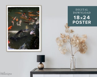 Impresión artística descargable digitalmente, Estanque de peces koi, Arte mural descargable