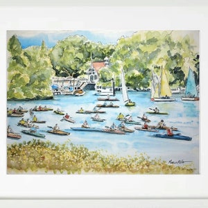 May include: Watercolour painting of a lake scene with a boathouse and many people in canoes and kayaks. The scene is set on a sunny day with green trees in the background.