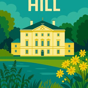 May include: A retro travel poster for Marble Hill, Twickenham. The image shows a yellow mansion with a dark green roof, set against a teal sky. Yellow flowers and green foliage frame the scene, with the words "Marble Hill" and "Twickenham" at the top and bottom.