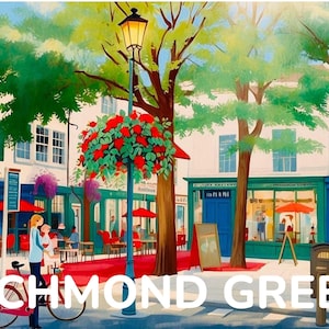 May include: A colorful painting of a street scene in Richmond Green, England. The painting features a red phone booth, a street lamp, and a bicycle. The buildings are painted in shades of white, blue, and green. The street is lined with trees and flowers.