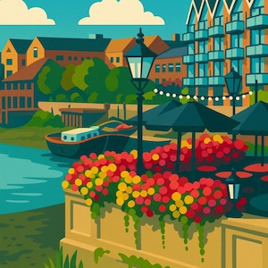 May include: A vibrant illustration of a waterside scene with buildings, boats, and flowers. The artwork depicts a blue sky with white clouds, a river, and a row of buildings with balconies. Red and yellow flowers line a wall.