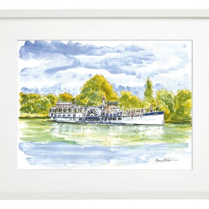 May include: Watercolor painting of a white paddleboat on a river with green trees and a cloudy blue sky. The boat has a red roof and a blue stripe along the side. The artist's signature, "Marcus Mille", is in the bottom right corner.