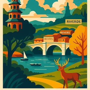 May include: A vibrant travel poster for Richmond upon Thames, featuring a pagoda, bridge, and deer. The design is stylized with geometric shapes and a palette of teal, orange, and beige. The text "RICHMOND UPON THAMES" is at the bottom.