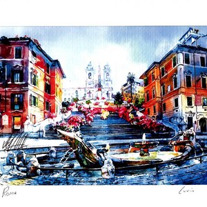 May include: A watercolor painting of a street scene in Rome, Italy. The painting features a set of stairs leading up to a church with a tall bell tower. The stairs are lined with colorful buildings and lush greenery. The painting is signed "Roma" in the bottom left corner and "Luvin" in the bottom right corner.