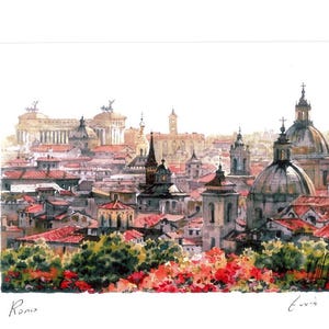 May include: A watercolor painting of the skyline of Rome, Italy. The painting features the iconic dome of St. Peter's Basilica, the Colosseum, and other famous landmarks. The painting is set against a backdrop of a clear blue sky.