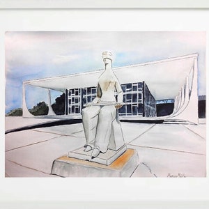 May include: Watercolor painting of a white statue of a woman sitting on a pedestal in front of a modern building with a large overhang. The building is white with black windows and the sky is a light blue.