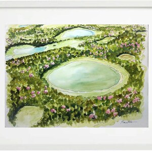 May include: Watercolour painting of a golf course with green grass, pink flowers, and several water hazards. The painting is signed "Marc Miller" in the bottom right corner.