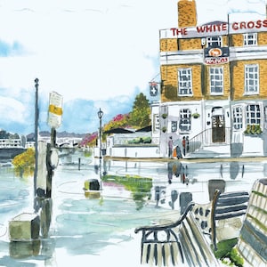 May include: Watercolour painting of The White Cross pub in the rain. The building is brick and white, with the name of the pub clearly visible. The wet street reflects the sky and the pub. A car is parked nearby.