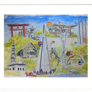 Puede incluir: Pintura acuarela de un paisaje urbano con varios monumentos, incluyendo una pagoda, una iglesia, una casa, una puerta roja, un globo aerostático y una estatua. La pintura está realizada en un estilo caprichoso con colores brillantes y un toque lúdico.