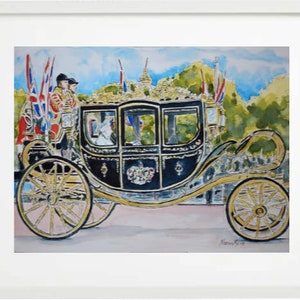 May include: A watercolour painting depicting a royal carriage with gold and black detailing, framed in a white mount. The carriage is pulled by horses, with figures in uniform and flags in the background. The artwork is set against a backdrop of a blue sky and green trees.