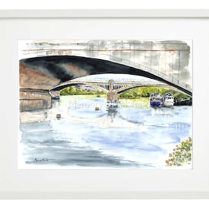 May include: Watercolour painting of a bridge over a river with boats and trees in the background. The bridge is painted in shades of grey and brown, and the water is a light blue colour. The trees are green and the boats are white and blue.
