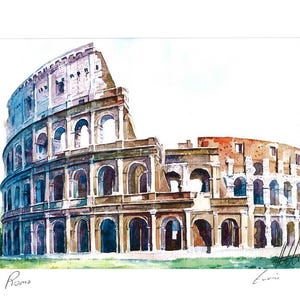 May include: A watercolor painting of the Colosseum in Rome, Italy. The ancient Roman amphitheater is depicted in shades of brown, beige, and gray. The painting is signed "Luini" in the bottom right corner.