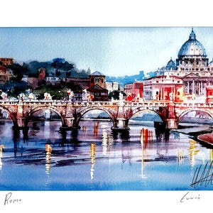 May include: A watercolour painting of a bridge over a river in Rome, Italy. The bridge is made of stone and has arches. The river is blue and reflects the buildings on the other side. The buildings are in the background and include the dome of St. Peter's Basilica.