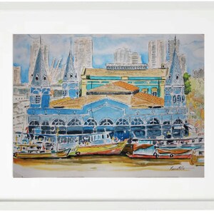 May include: Watercolor painting of a blue building with tall towers and a row of boats in front. The building has a row of arched windows and a brown roof. The boats are yellow, red, and blue.