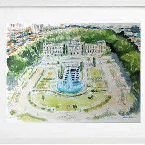 May include: A watercolor painting of a large building with a fountain in front of it. The building is surrounded by trees and a garden. The painting is done in a light and airy style.