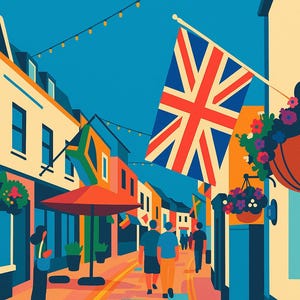 May include: A vibrant illustration of a British street scene. The image features a Union Jack flag, colorful buildings, and people walking along the street. A red umbrella and hanging flower baskets add to the scene's charm.
