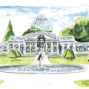 May include: Watercolour painting of a large glass building with a domed roof. The building is surrounded by trees and a fountain. The painting is signed "Marcus Muller".