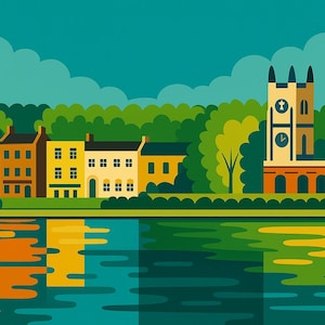 May include: A vibrant illustration of a town scene featuring buildings, trees, and a lake. The buildings are in shades of yellow, brown, and orange. A clock tower is prominent. The water reflects the scene, creating a symmetrical effect.