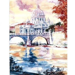 May include: A watercolour painting of St. Peter's Basilica in Rome, Italy. The painting shows the basilica with its famous dome, surrounded by a bridge and a river. The sky is a soft pink and orange, and the water is a deep blue.