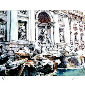 May include: A watercolor painting of the Trevi Fountain in Rome, Italy. The fountain is a large, ornate structure with a statue of Oceanus in the center. The water flows from the fountain into a pool below. The painting is done in shades of blue, gray, and white.
