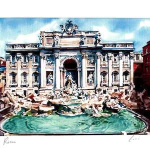 Puede incluir: Pintura a la acuarela de la Fontana de Trevi en Roma, Italia. La obra representa la fuente barroca con sus esculturas y agua turquesa. El cielo es azul con nubes, y la palabra "Roma" está escrita abajo.