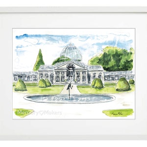 May include: Watercolour painting of a large glass building with a domed roof, surrounded by a pond and green trees. The building has white trim and many windows. The painting is signed "Memory Makers" in the bottom left corner and "Manon Miller" in the bottom right corner.