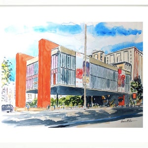 May include: Watercolor painting of a modern building with orange pillars and large windows. The building is surrounded by trees and a street with a car.