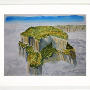 May include: A watercolour painting of a cliff face with green foliage, surrounded by clouds. The sky is blue with a white cloud band.