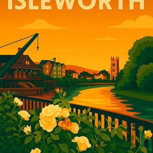May include: A vintage-style poster of Old Isleworth, depicting a river landscape with buildings, a church, and yellow roses. The sky is a warm orange and yellow, with the words "OLD ISLEWORTH" prominently displayed at the top.