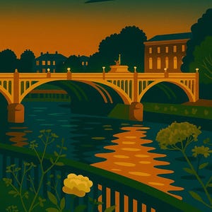 May include: A digital illustration of a bridge over a river at dusk. The bridge is ochre, with a building and trees in the background. Yellow flowers and green foliage are in the foreground. The water reflects the sunset colours.