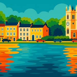 May include: A vibrant illustration of a town scene featuring buildings, trees, and a river. The buildings are in shades of brown, yellow, and orange. Cars are on the road. The water reflects the sky and buildings, creating a colorful reflection.