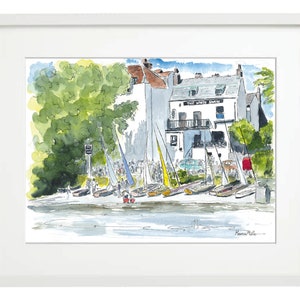 White Swan in Twickenham Riverside watercolor & ink painting, prints, Richmond upon Thames, Wall Art, Gift, Travel Art by MemoryMakers