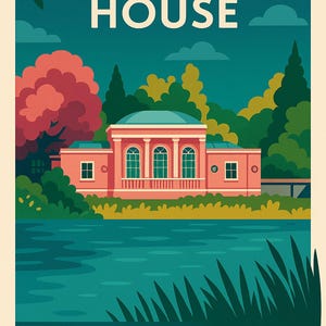 May include: A retro travel poster depicting the Pavilion House in Old Isleworth. The image shows a pink building with a blue dome, surrounded by trees and a lake. The poster includes the text "PAVILION HOUSE" and "OLD ISLEWORTH" in a bold font.