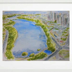 May include: A watercolour painting depicting a city skyline with a large lake in the foreground. The lake is surrounded by trees and the city buildings are in the background. The painting is executed in shades of blue, green, and brown.