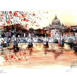 May include: A watercolour painting depicting a bridge in Rome, Italy. The bridge is white and features multiple arches. In the background, the dome of St. Peter's Basilica can be seen. The painting is rendered in a warm colour palette with hues of brown, orange, and yellow. The painting is signed "Eurico" in the bottom right corner.