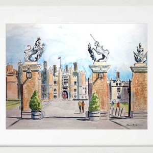May include: A watercolour painting depicting a grand building with two large gates. The gates are topped with sculptures of a lion and a unicorn. The building is surrounded by a courtyard and has a flag flying from the top.