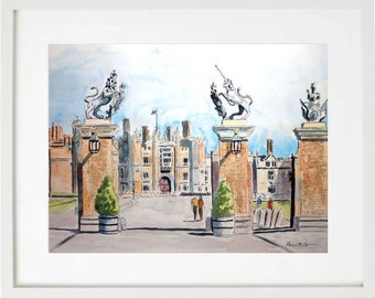 May include: A watercolor painting of a grand building with two large gates. The gates are topped with sculptures of a lion and a unicorn. The building is surrounded by a courtyard and has a flag flying from the top.
