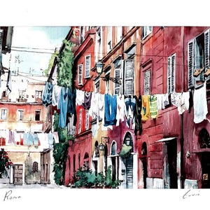 May include: Watercolor painting of a European street scene with red buildings and laundry hanging between them. The artwork depicts a sunny day with clotheslines strung across the street. The word "Roma" is written at the bottom.