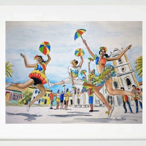Può includere: Un dipinto ad acquerello di persone che festeggiano in una scena di strada colorata. Le persone indossano costumi colorati e tengono ombrelli. C'è una chiesa sullo sfondo.