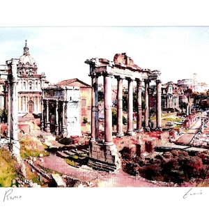 May include: A watercolour painting depicting the Roman Forum in Rome, Italy. The painting showcases the ruins of ancient Roman structures, including columns, arches, and walls. The painting is executed in a realistic style, with an emphasis on detail and texture.