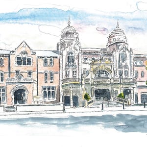 May include: Watercolour illustration of a grand building with architectural features such as domes and arched windows. The artwork shows a street scene under a blue sky, with a green tree on the right. The artist's signature is in the bottom right corner.