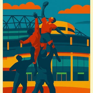 May include: A retro poster featuring the word "TWICKENHAM" in yellow. The artwork shows a rugby game in progress, with players in red and blue. The background includes a stadium, orange clouds, and a blue sky, evoking a sense of nostalgia.