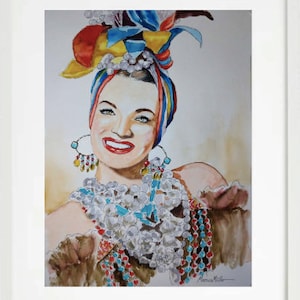 May include: Watercolor painting of a woman with a colorful turban and large earrings. She is wearing a white beaded necklace and a brown shawl. The painting is signed "Dennis Miller" in the bottom right corner.