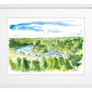 May include: A watercolour painting of a river winding through a green forest with a blue sky and white clouds in the background. The painting is signed "Monica Miller" in the bottom right corner.