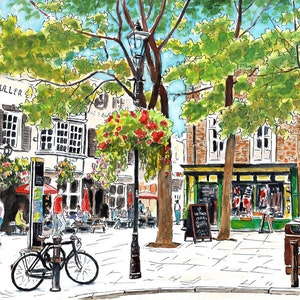 May include: A watercolour painting depicting a street scene in a small town. The scene features a pub with a sign that reads "Fuller's", a red telephone box, and a bicycle parked in the street. There are trees and flowers in the scene, and people are walking around.