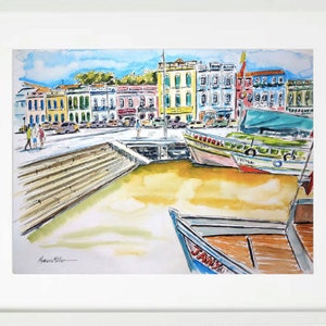May include: Watercolor painting of a colorful waterfront scene with buildings, boats, and people. The boats are docked in the water, and the buildings are in the background. The painting is done in a loose, impressionistic style.